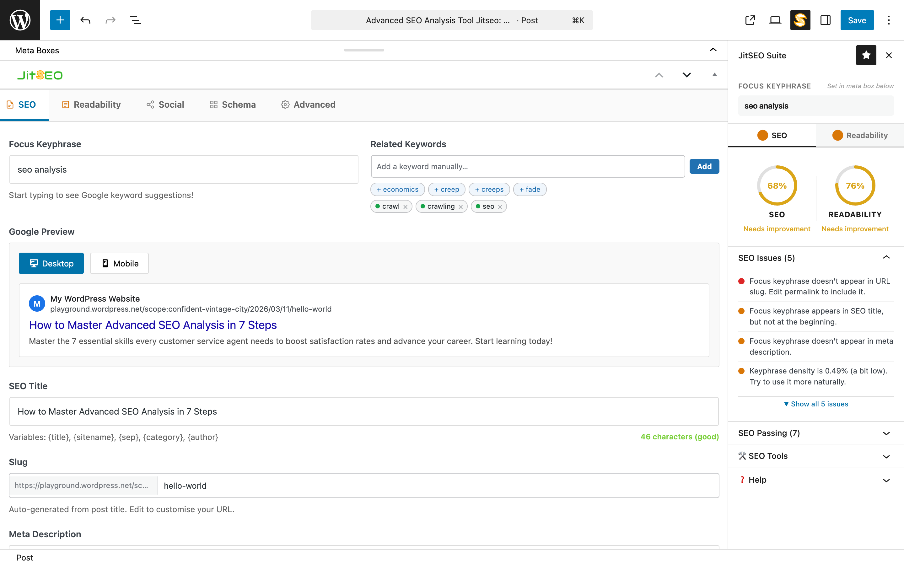 JitSEO Suite panel docked in the Gutenberg sidebar, showing SEO and Readability score rings and an issues list